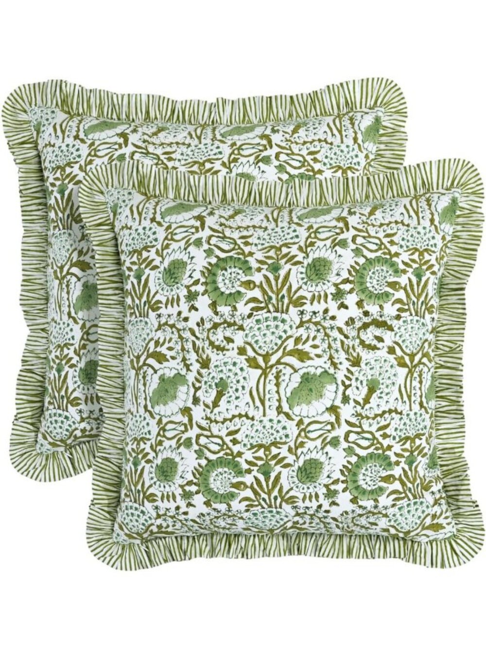 Green Agate Block Print Ruffle Pillow Covers, 24x24 Inch, Set of 2 - Home Decor